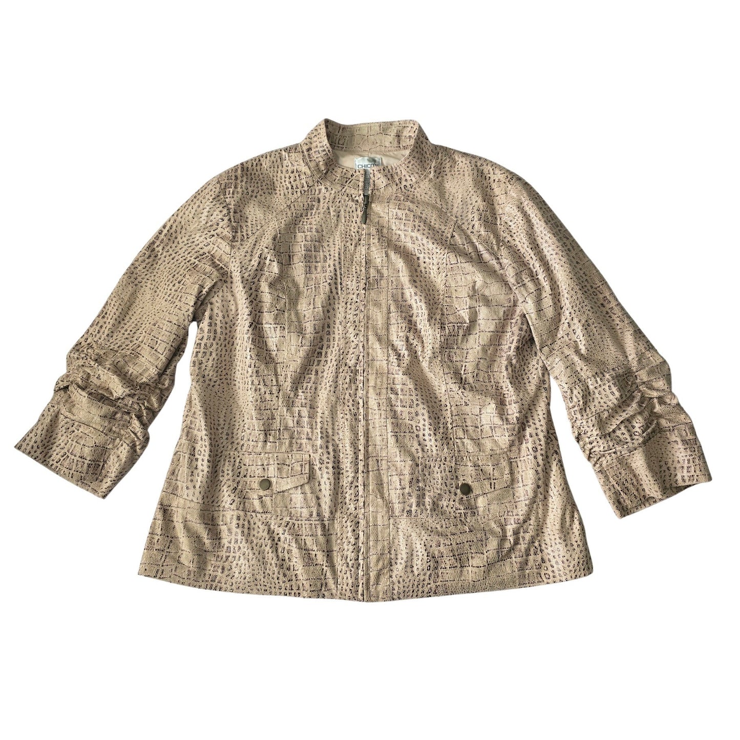 Chico's Animal Print Glam Full Zip Ruched 3/4 Sleeves Chic Cream Jacket 2 Large