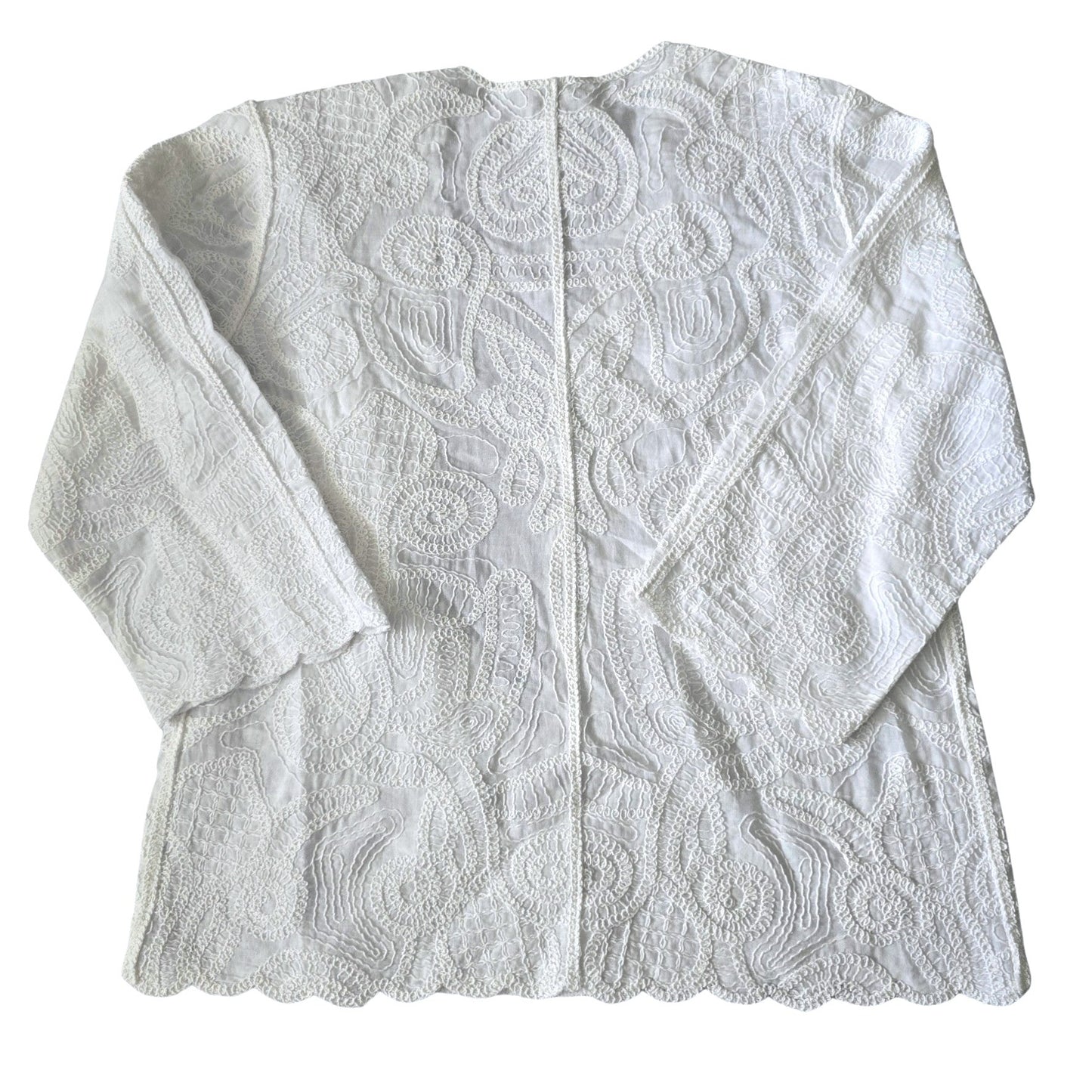 Chico's White Embroidered Scallop Resort Luxury Open Front Jacket 2 Large