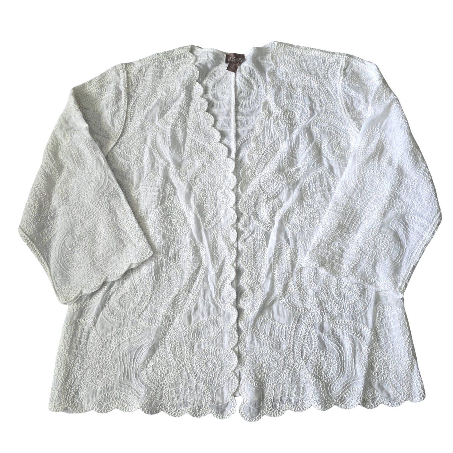 Chico's White Embroidered Scallop Resort Luxury Open Front Jacket 2 Large