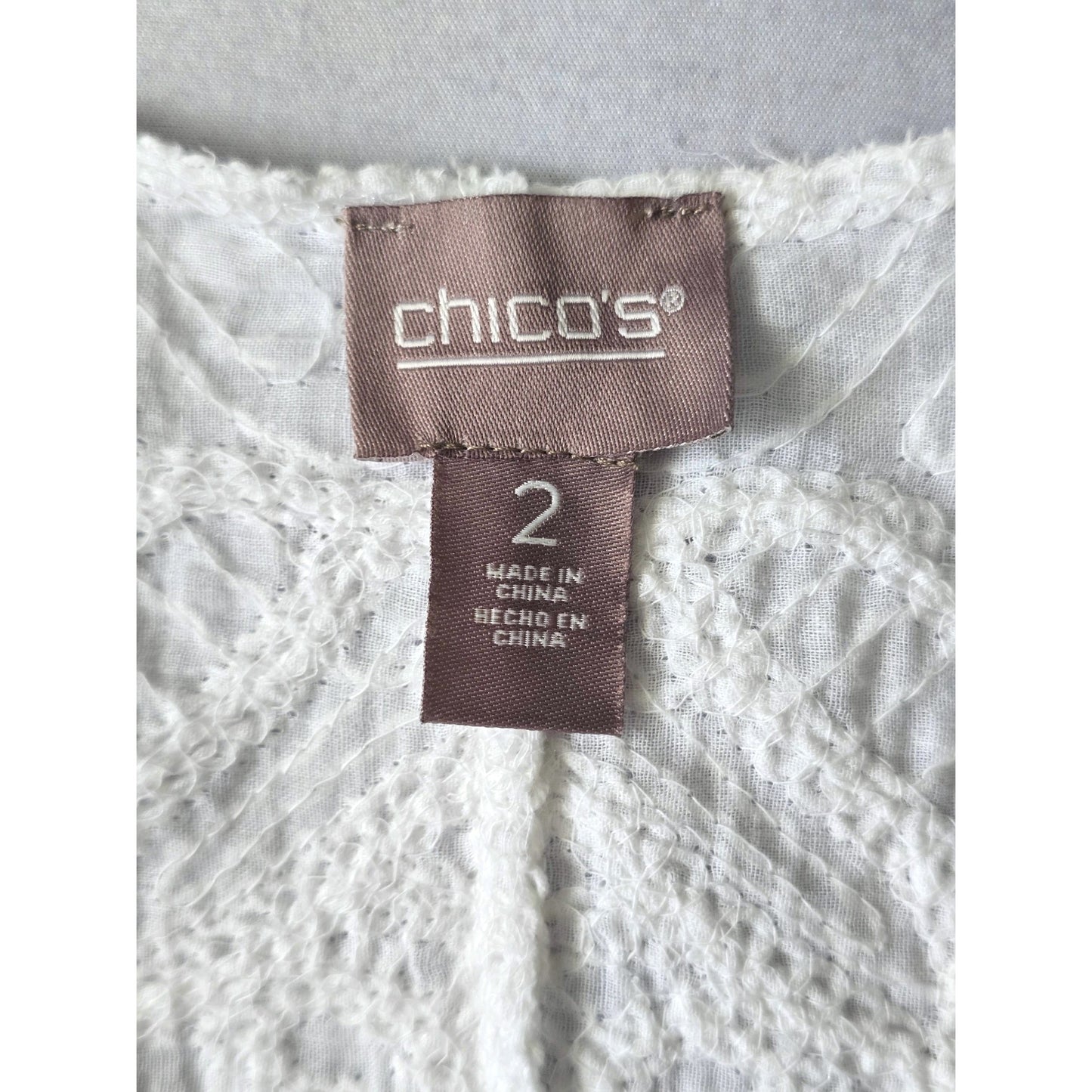 Chico's White Embroidered Scallop Resort Luxury Open Front Jacket 2 Large