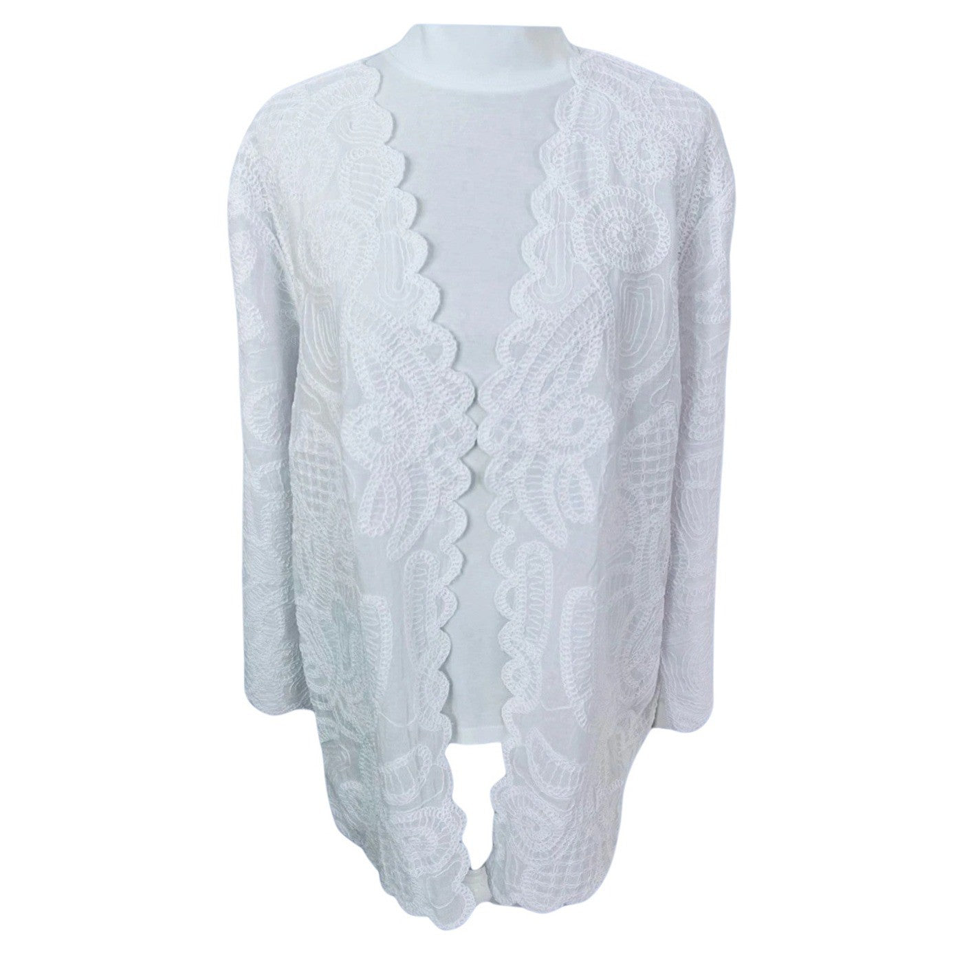 Chico's White Embroidered Scallop Resort Luxury Open Front Jacket 2 Large