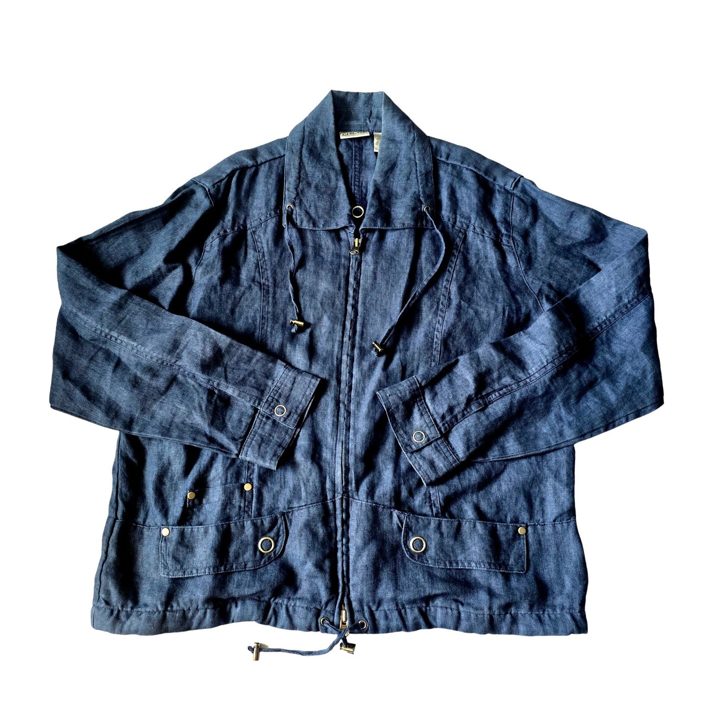 Blue Luxury Preppy Resort Costal Utility Zip Summer Linen Chico's Jacket 2 Large