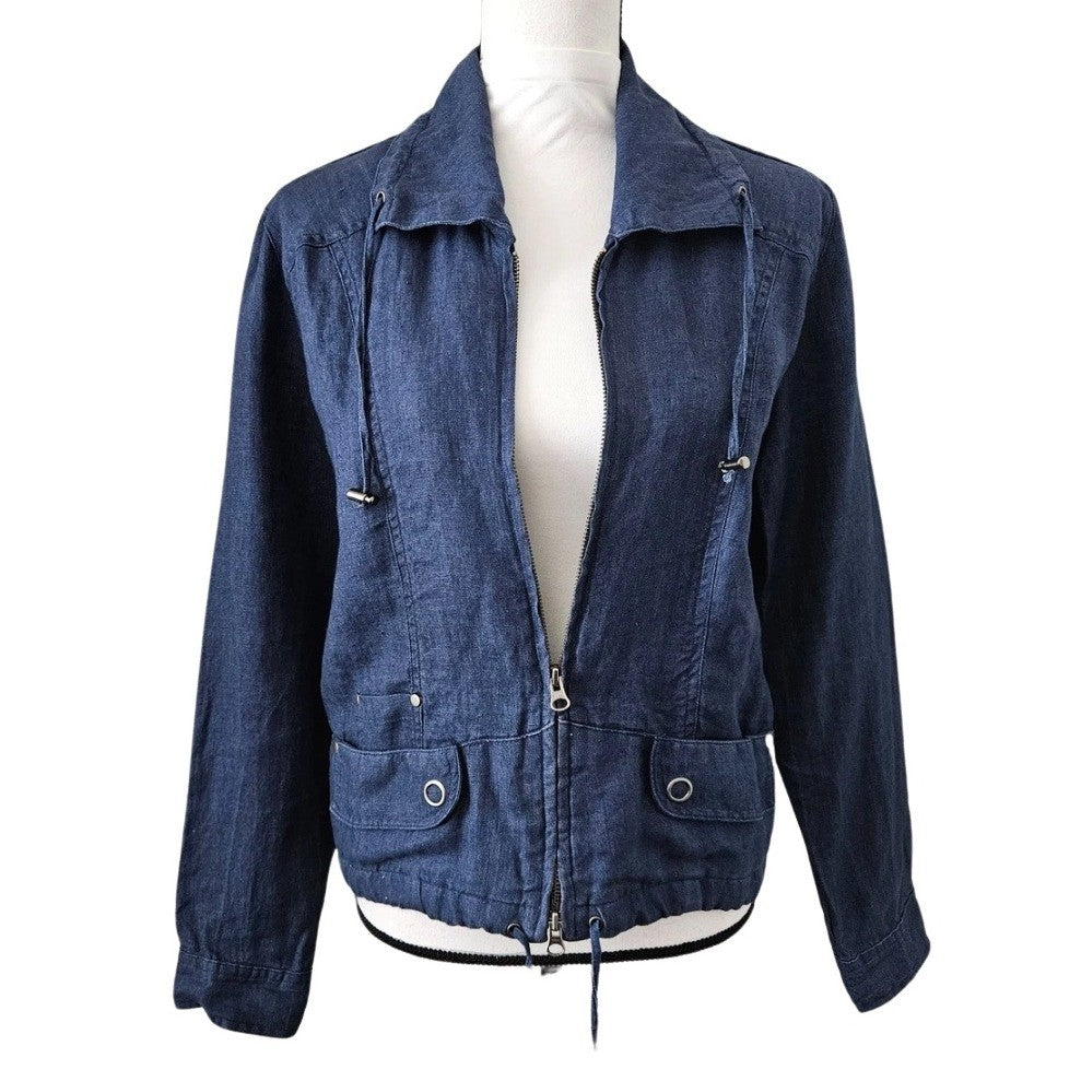Blue Luxury Preppy Resort Costal Utility Zip Summer Linen Chico's Jacket 2 Large