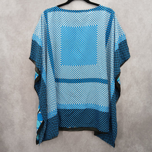 Blue Flowy 90s Y2K Beach Resort Geometric Colorful Romantic Blouse Top Plus 1X