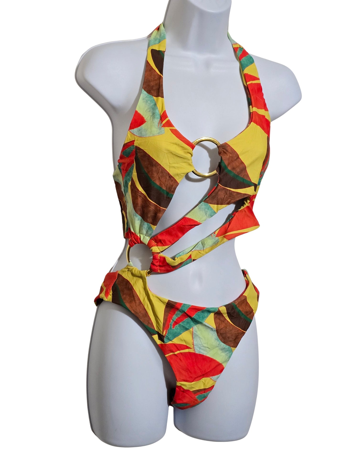 Colorful One Piece Cutout Y2K 90s Halter Swimsuit Beach Resort Vacation Small