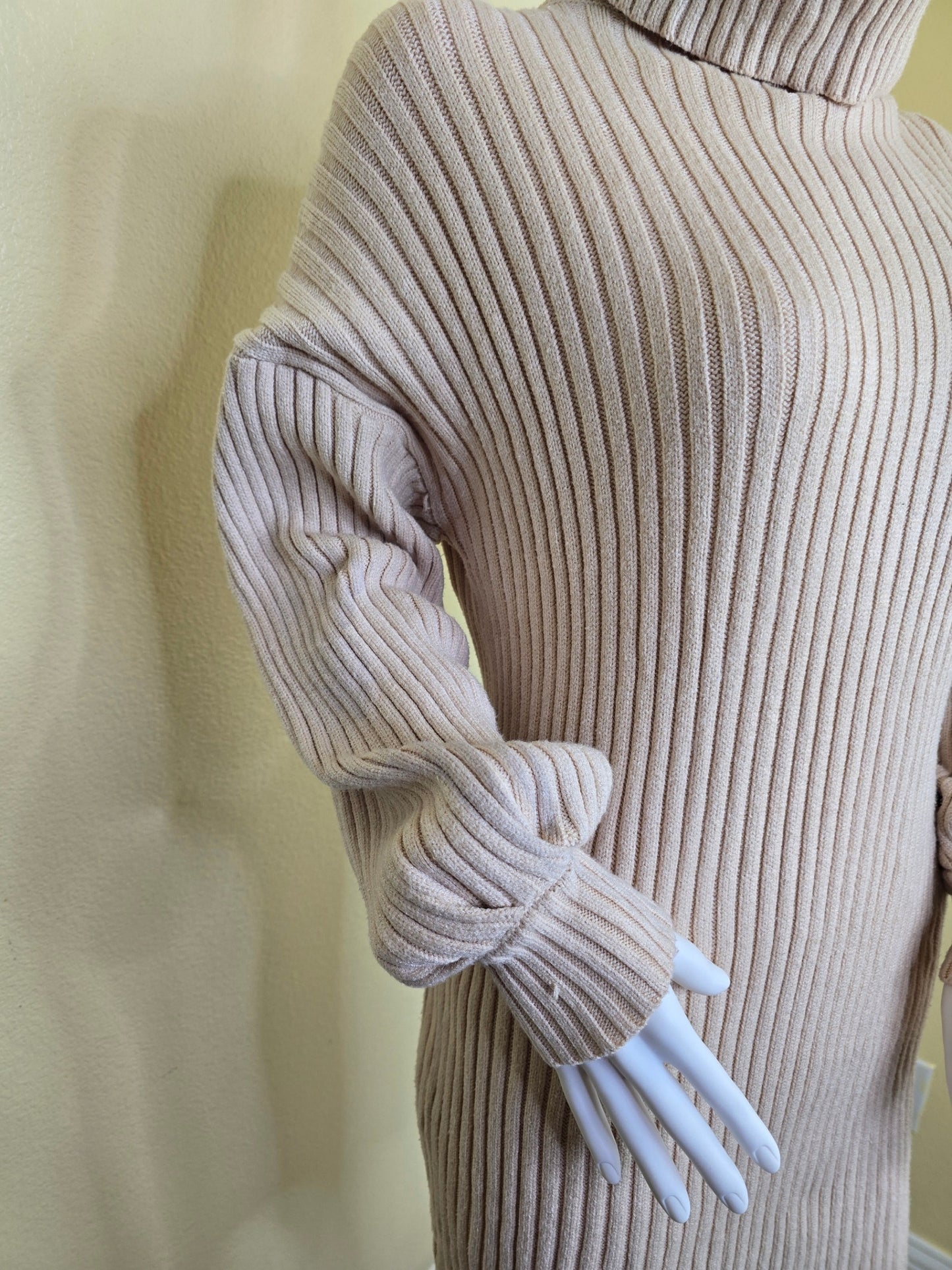 Ribbed Cream Y2K Sporty Chic Preppy Turtleneck Short Sweater Dress Small