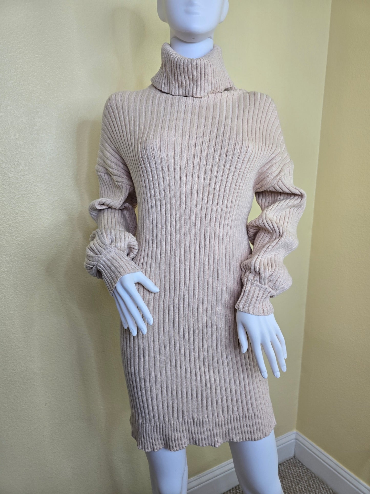 Ribbed Cream Y2K Sporty Chic Preppy Turtleneck Short Sweater Dress Small