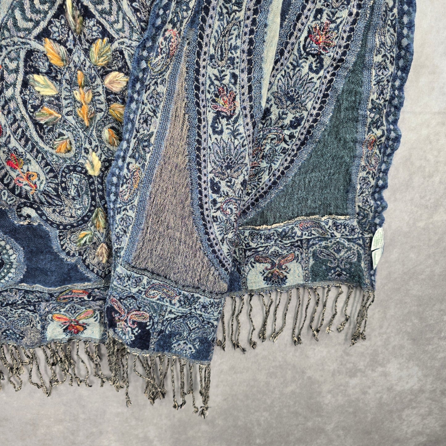 Coldwater Creek Blue Embroidered Pashmina Floral Paisley Wrap Shawl Scarf OS