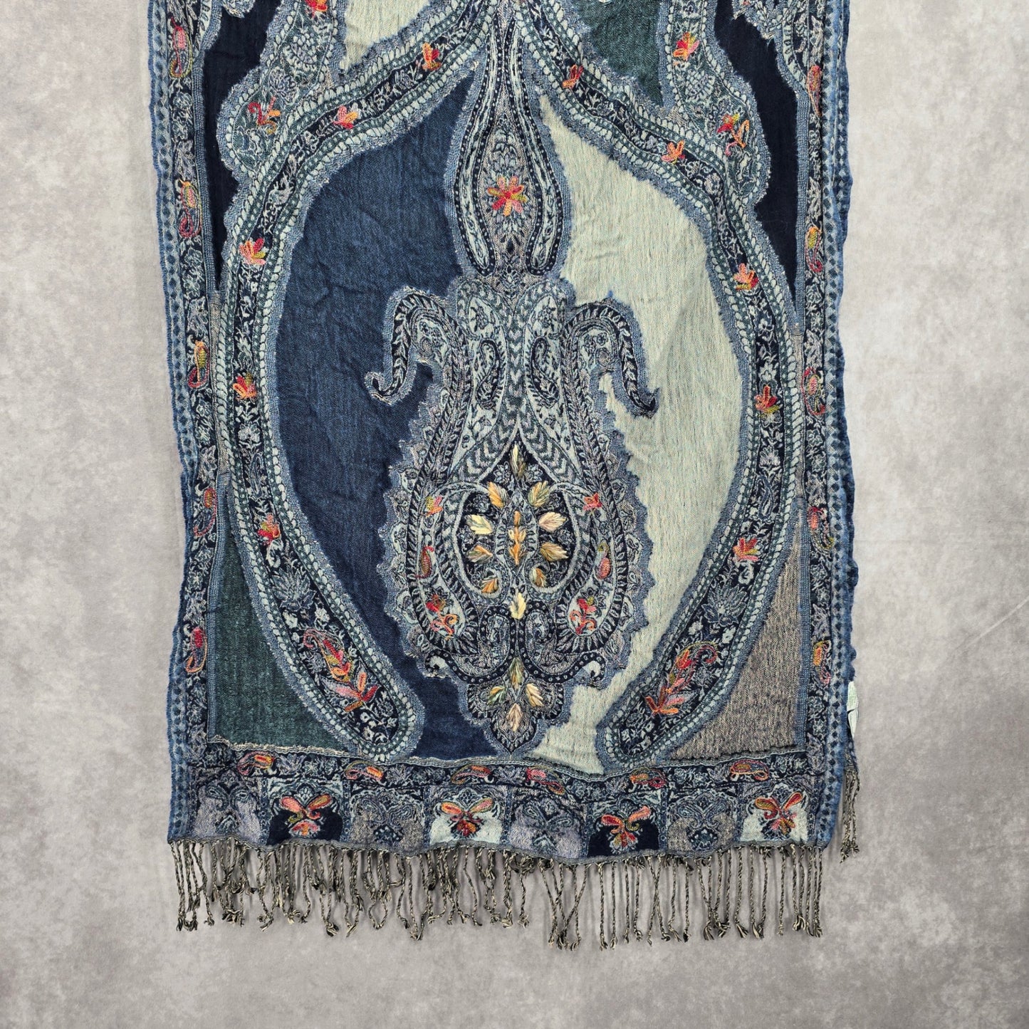 Coldwater Creek Blue Embroidered Pashmina Floral Paisley Wrap Shawl Scarf OS