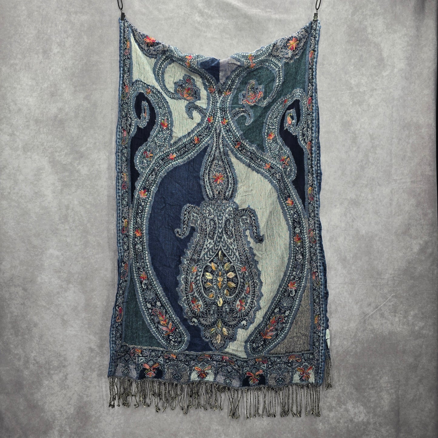 Coldwater Creek Blue Embroidered Pashmina Floral Paisley Wrap Shawl Scarf OS