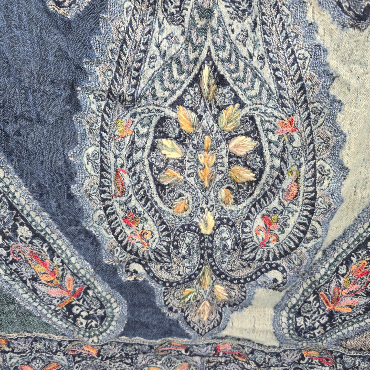 Coldwater Creek Blue Embroidered Pashmina Floral Paisley Wrap Shawl Scarf OS
