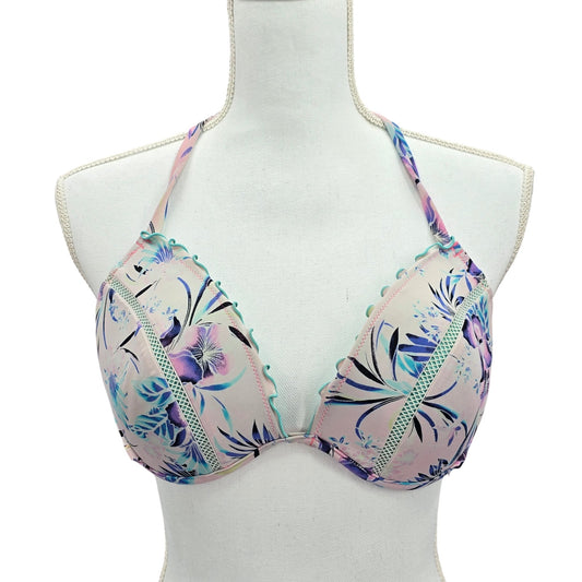 Floral Pink Y2K Beach Vacation Resort Crisscross Shade &amp; Shore Bikini Top 36D