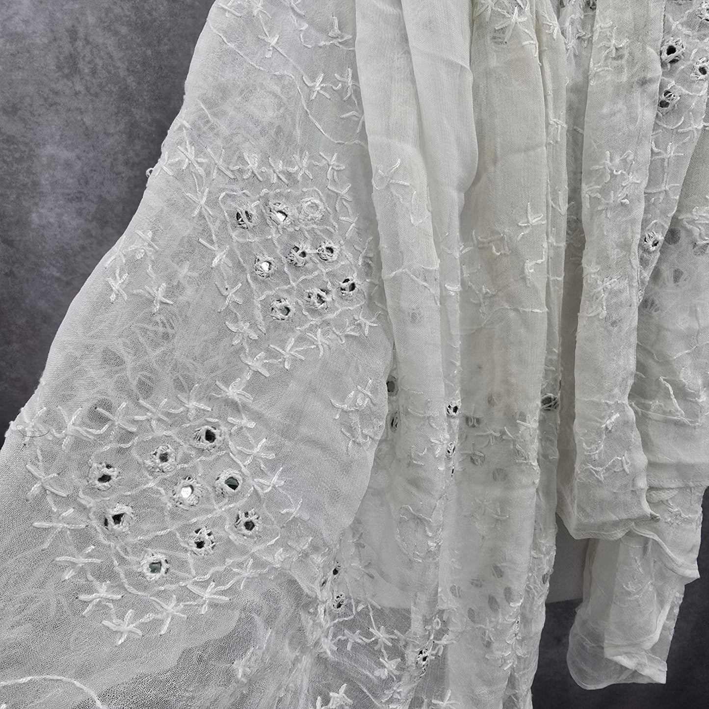 White Glass Embroidered Cottage Fairy Oversized Whimsy Boho Floral Scarf Wrap OS