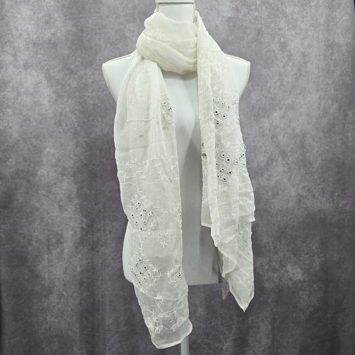 White Glass Embroidered Cottage Fairy Oversized Whimsy Boho Floral Scarf Wrap OS