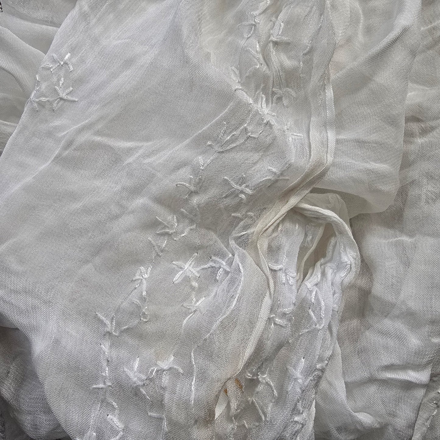 White Glass Embroidered Cottage Fairy Oversized Whimsy Boho Floral Scarf Wrap OS