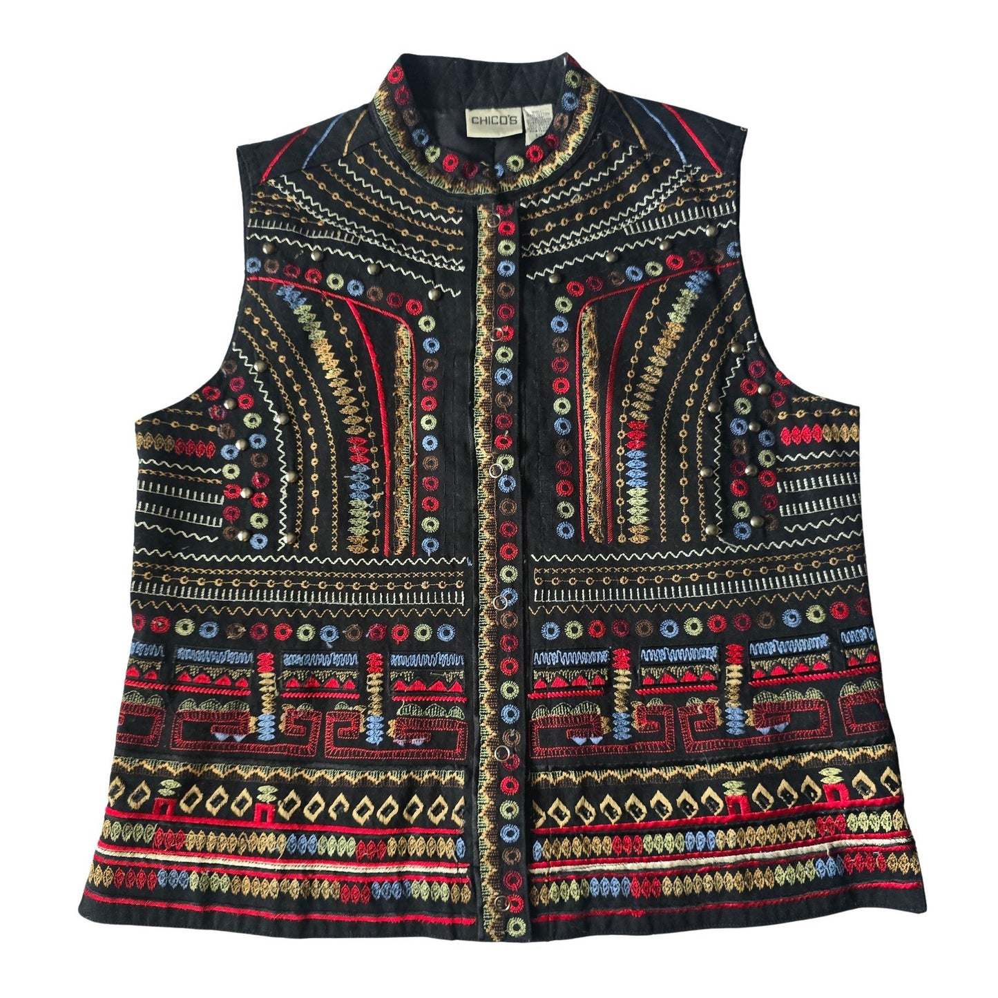 Black Indie Embroidered Western Studded Royal Snap Luxury Chico's Vest 1 Medium