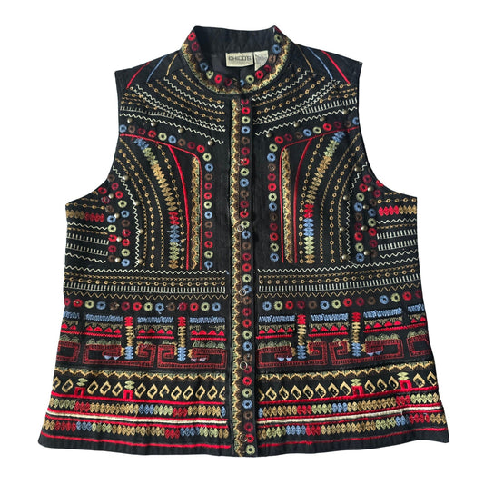 Black Indie Embroidered Western Studded Royal Snap Luxury Chico's Vest 1 Medium