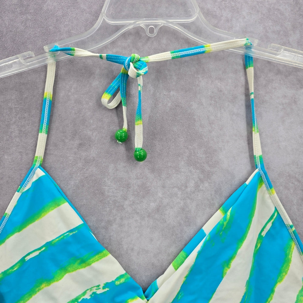 Y2K Mermaid Old Navy Blue Green Bead Stripe String Skimpy Bikini Top Swimwear XL