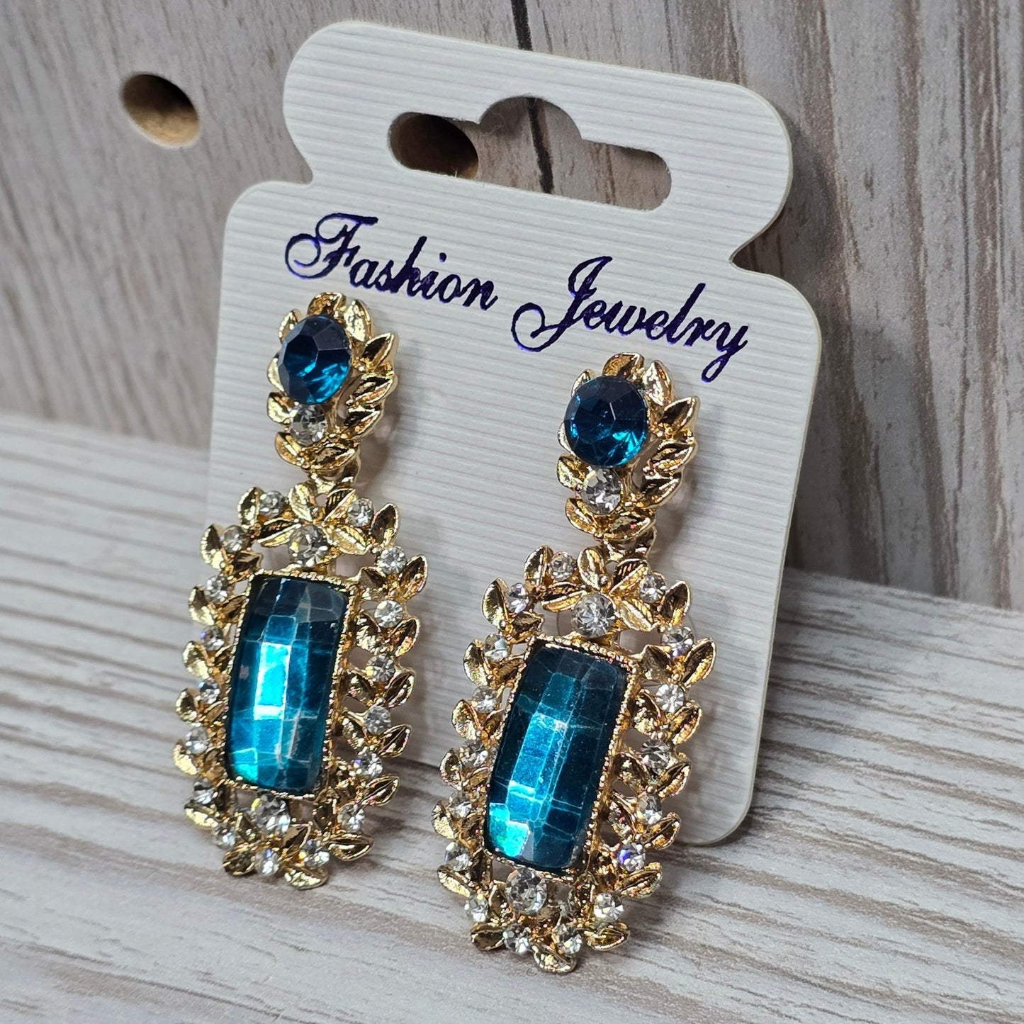 Blue Drop Crystal Rhinestone Floral Fashion Jewelry Whimsy Goth VTG Earrings OS