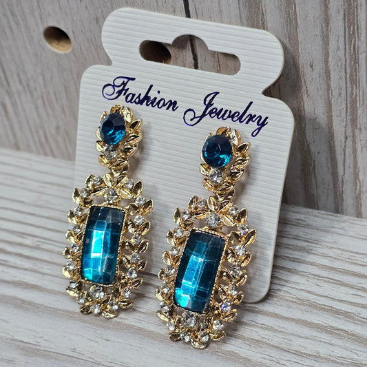 Blue Drop Crystal Rhinestone Floral Fashion Jewelry Whimsy Goth VTG Earrings OS