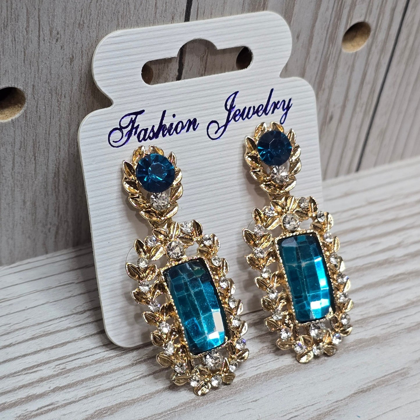 Blue Drop Crystal Rhinestone Floral Fashion Jewelry Whimsy Goth VTG Earrings OS
