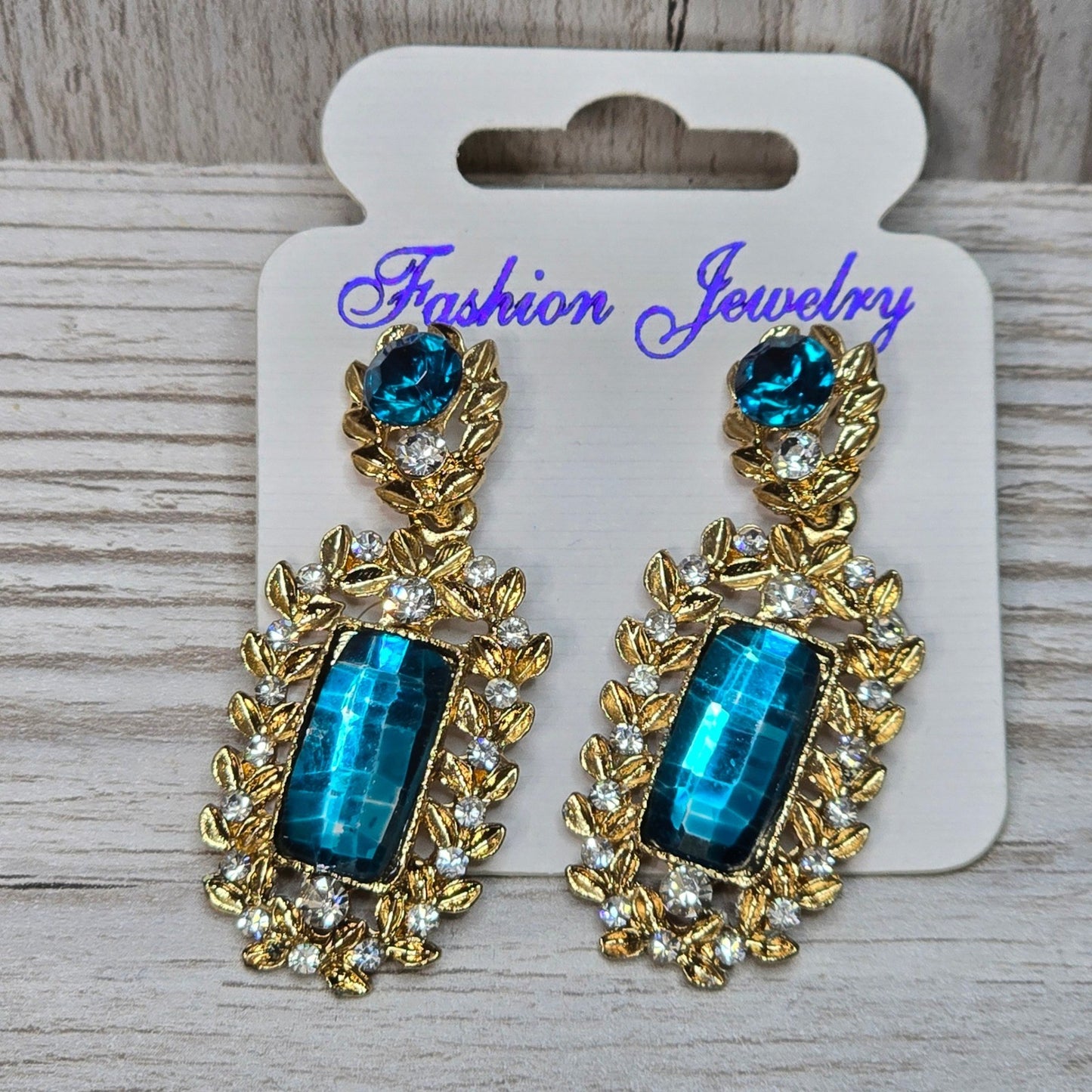 Blue Drop Crystal Rhinestone Floral Fashion Jewelry Whimsy Goth VTG Earrings OS