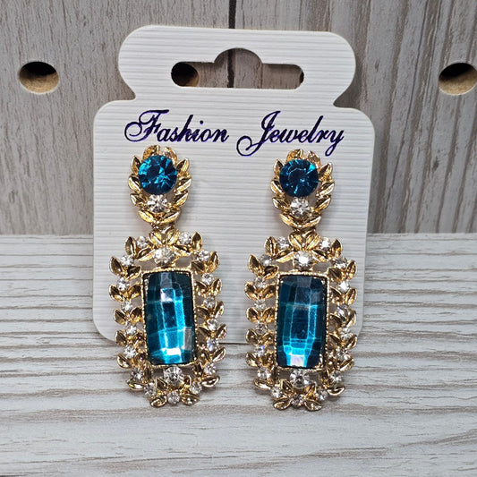 Blue Drop Crystal Rhinestone Floral Fashion Jewelry Whimsy Goth VTG Earrings OS