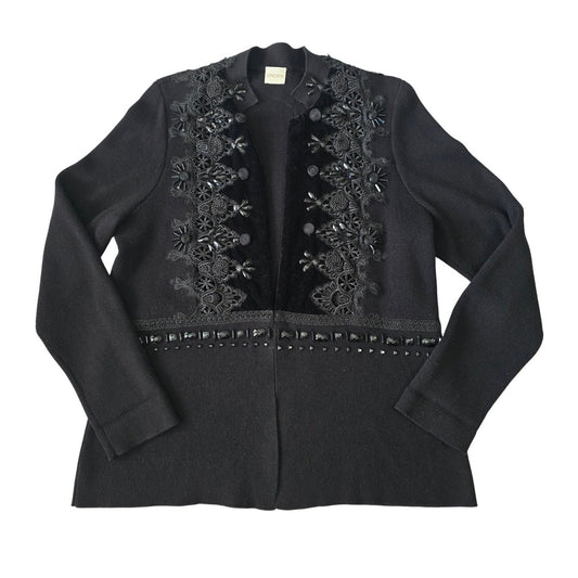 Black Regency Sweater Embroidered Dark Romantic Lace Chico's Cardigan Knit 3 XL