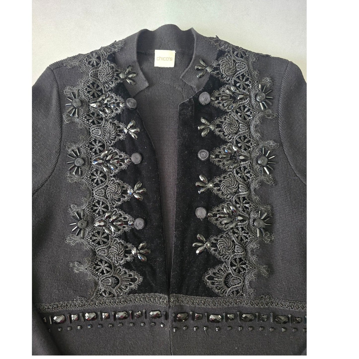 Black Regency Sweater Embroidered Dark Romantic Lace Chico's Cardigan Knit 3 XL