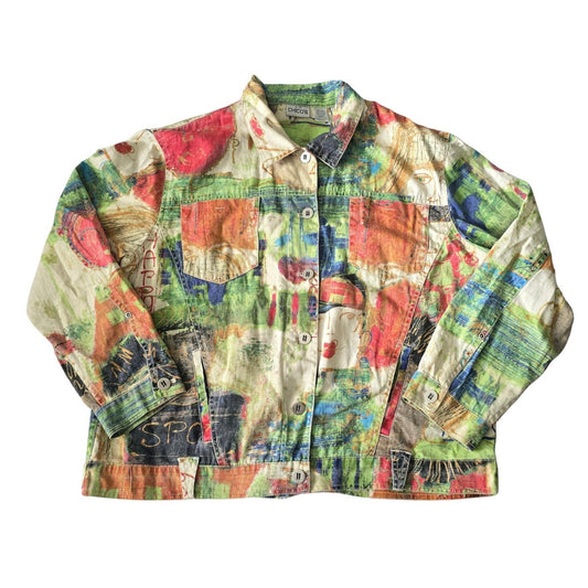 Chico's Artsy Bohemian Resort Party Multicolor Graffiti 90s VTG Jacket 2 Large