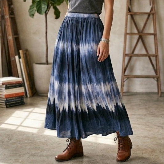 Chico's Blue Tie Dye Midi Western Boho Indie Cottage Flare Cotton Skirt 0 Small