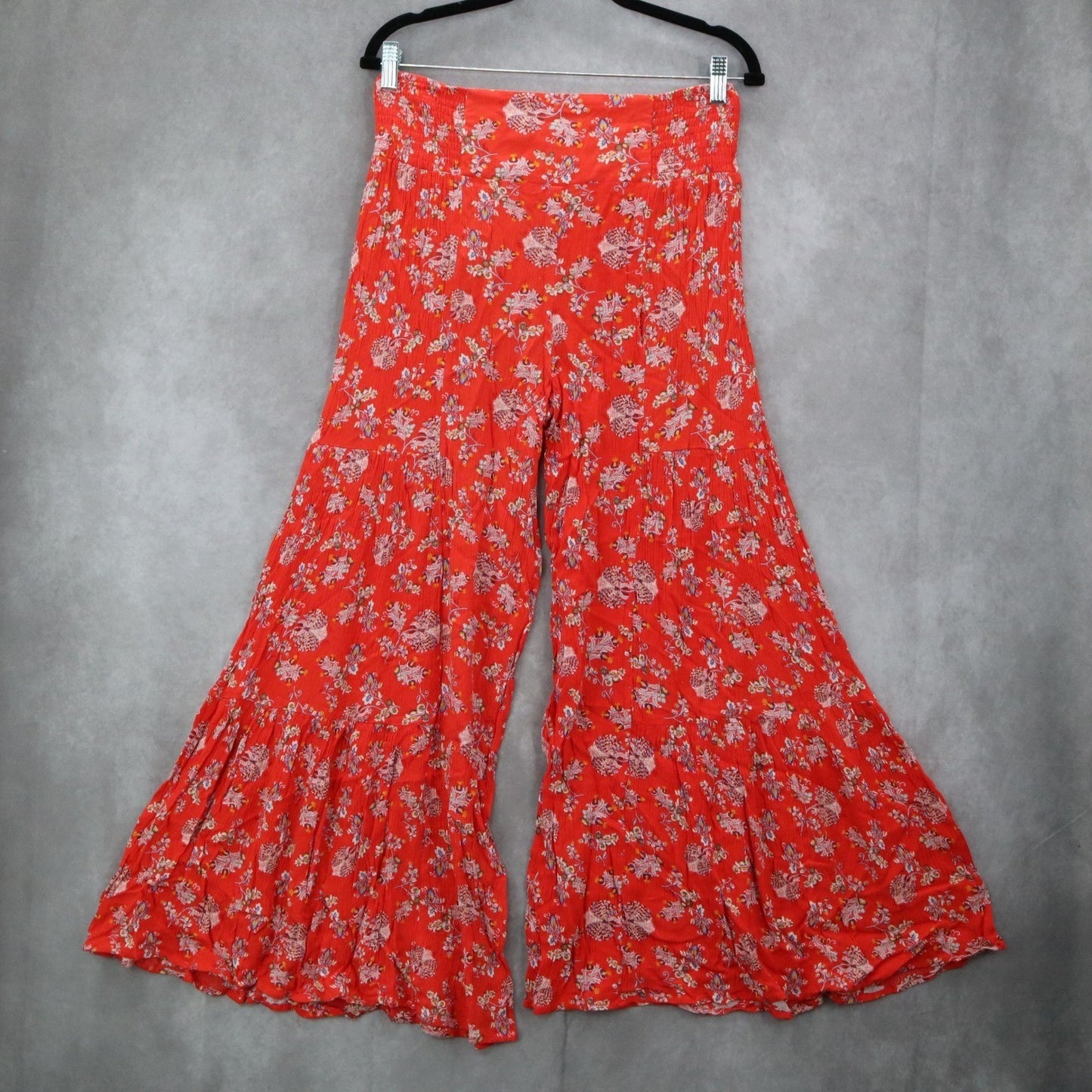 Red Floral Wide Leg Boho Y2K Cottage Pull On Straight Leg Flowy Pants Medium