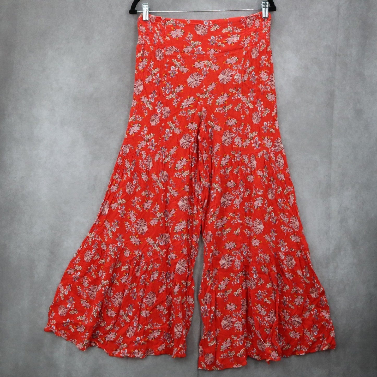 Red Floral Wide Leg Boho Y2K Cottage Pull On Straight Leg Flowy Pants Medium