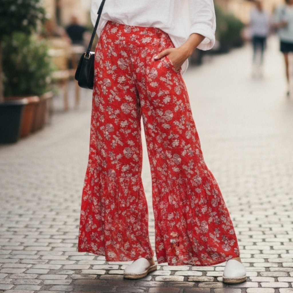 Red Floral Wide Leg Boho Y2K Cottage Pull On Straight Leg Flowy Pants Medium