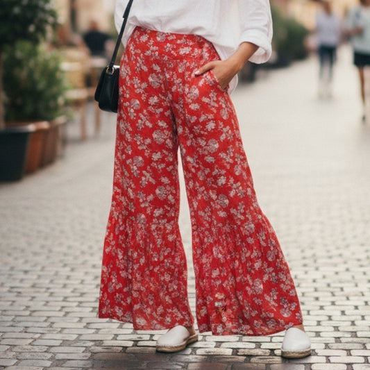 Red Floral Wide Leg Boho Y2K Cottage Pull On Straight Leg Flowy Pants Medium