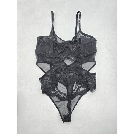 Black Lace Whimsygoth Romantic Dark Floral Hunkemoller Lingerie Bodysuit 38C