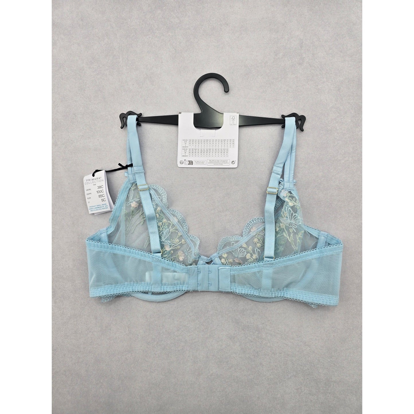 Primark Blue Lace Embroidered Floral Fairy Whimsy Coquette Bow Wired Bra 38C
