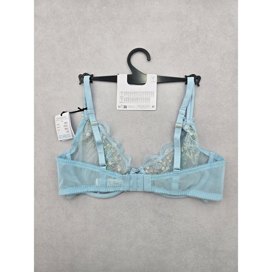 Primark Blue Lace Embroidered Floral Fairy Whimsy Coquette Bow Wired Bra 38C