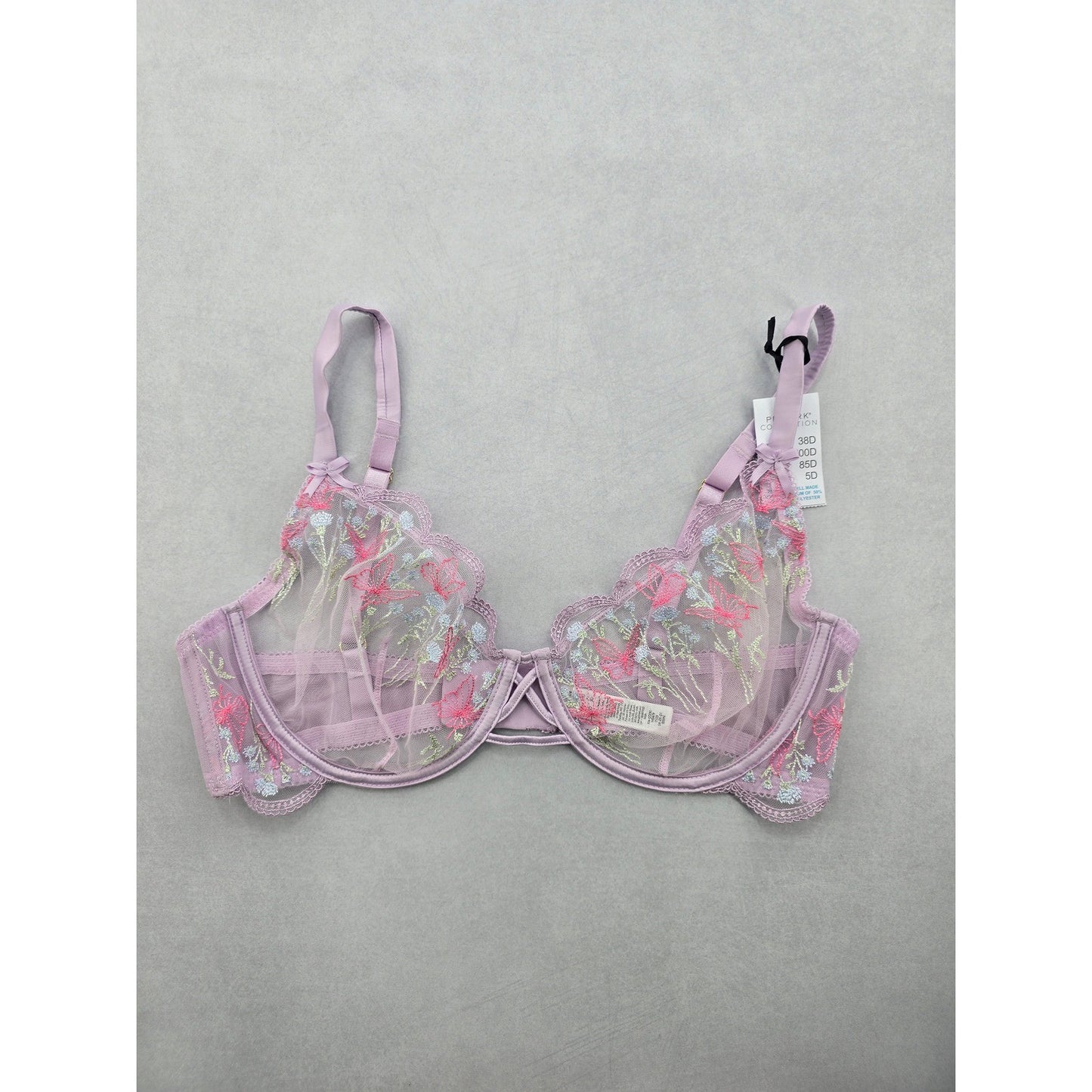 Primark Lavender Lace Embroidered Floral Fairy Whimsy Coquette Bow Wired Bra 38D