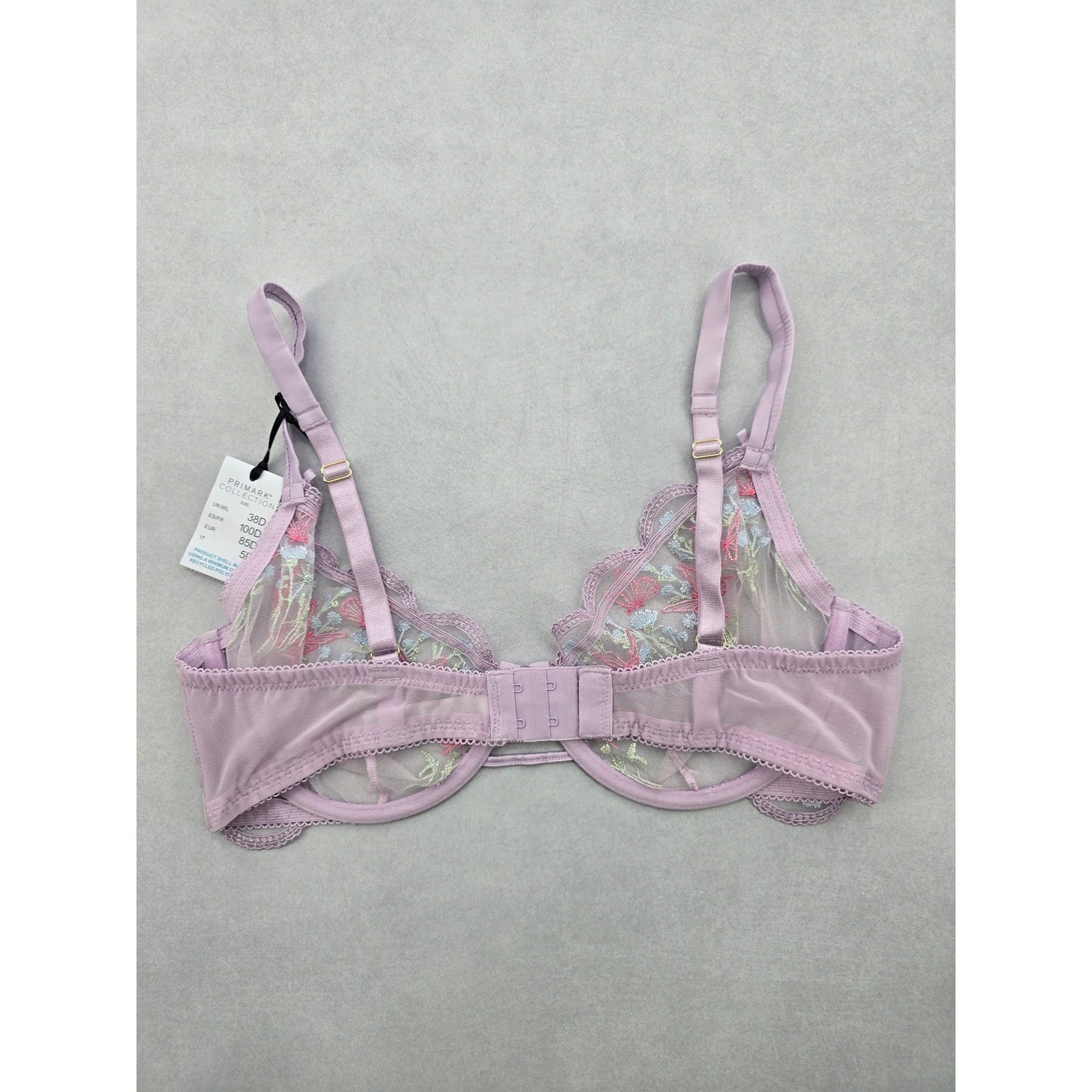 Primark Lavender Lace Embroidered Floral Fairy Whimsy Coquette Bow Wired Bra 38D