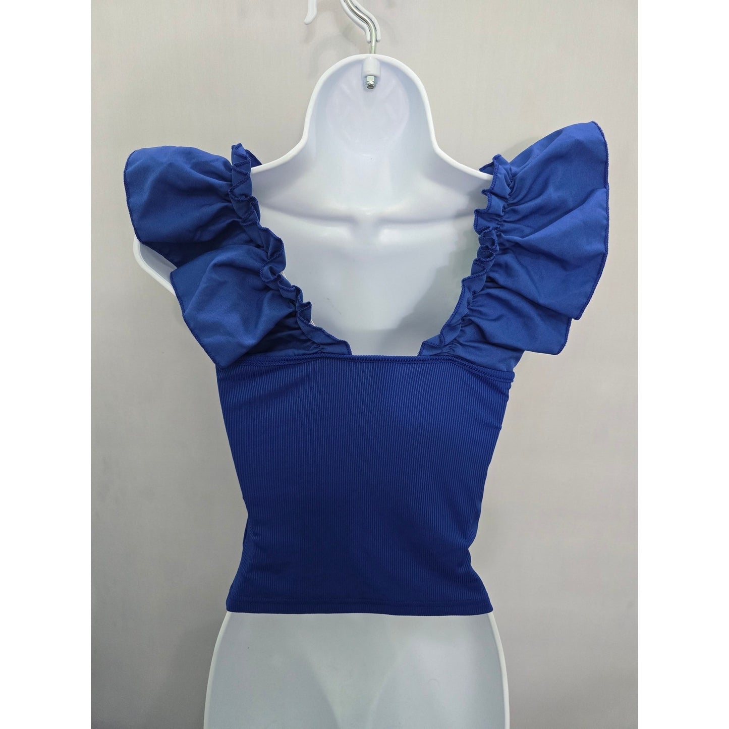 Blue Ruffle Ribbed Crop Top Goth Grunge Biker Rockstar Dressy Shein XS