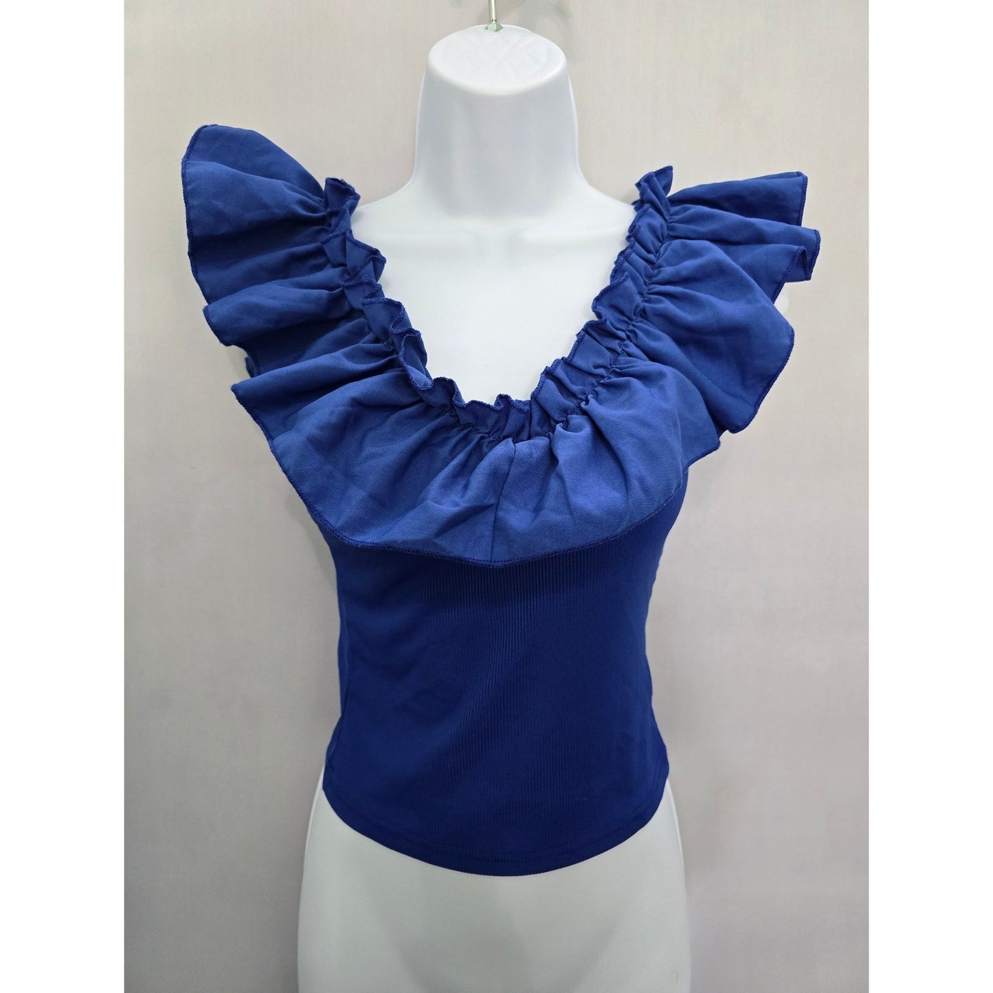 Blue Ruffle Ribbed Crop Top Goth Grunge Biker Rockstar Dressy Shein XS