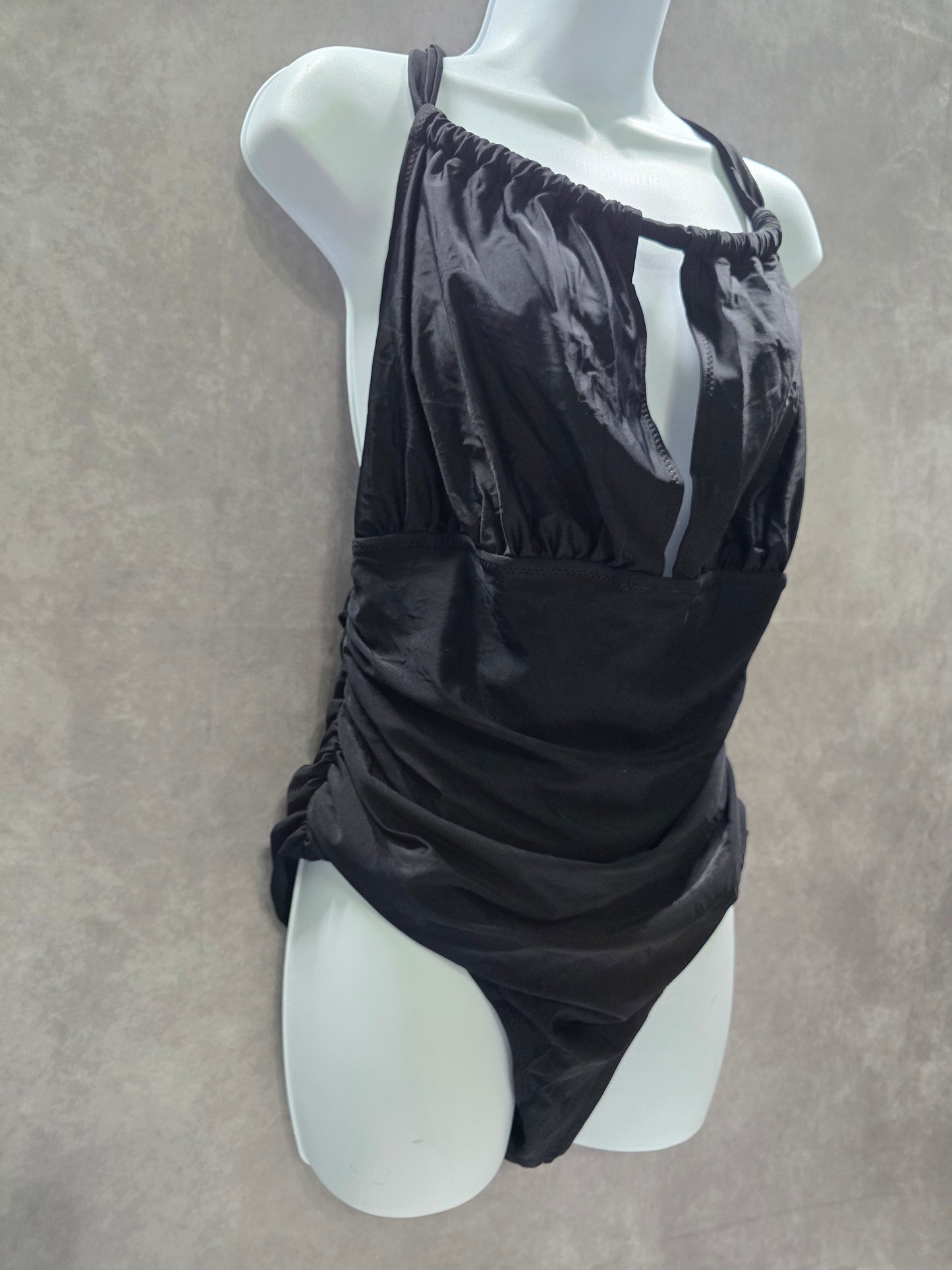 Cupshe Black Whimsy Goth Ruched One Piece Halter Swimsuit Beach Vacation Large