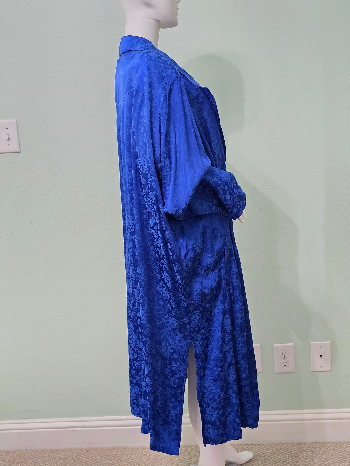 Royal Blue Floral Jacquard Kimono Queen Damask Electric Goth Trench Coat Plus 4X