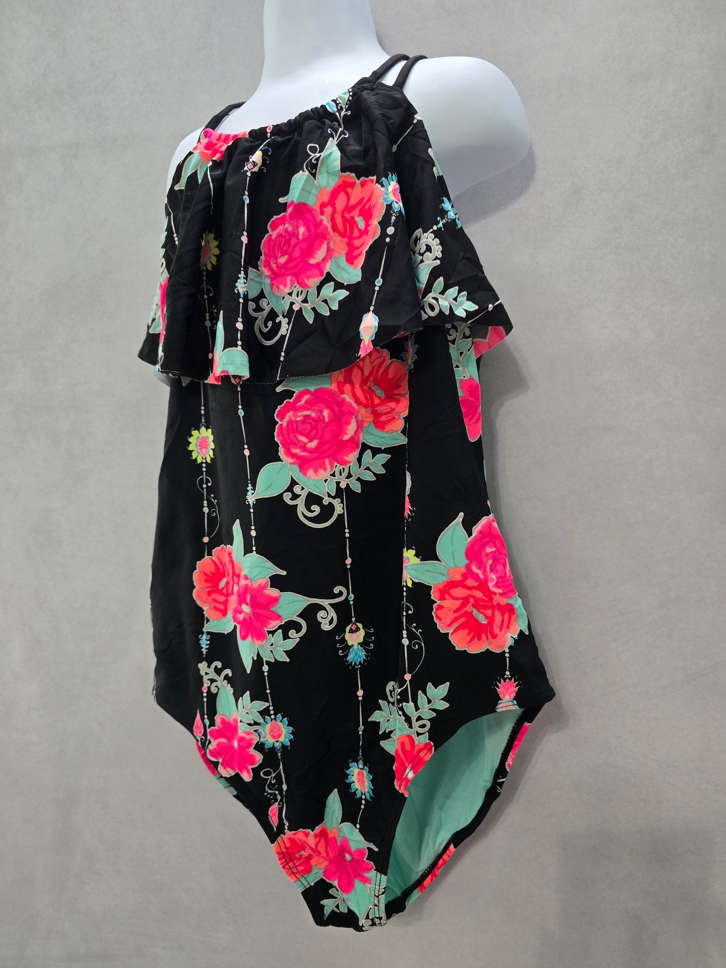 Black Floral Beach Resort Ruffle One Piece Swimsuit Child Toddler Size 10 12