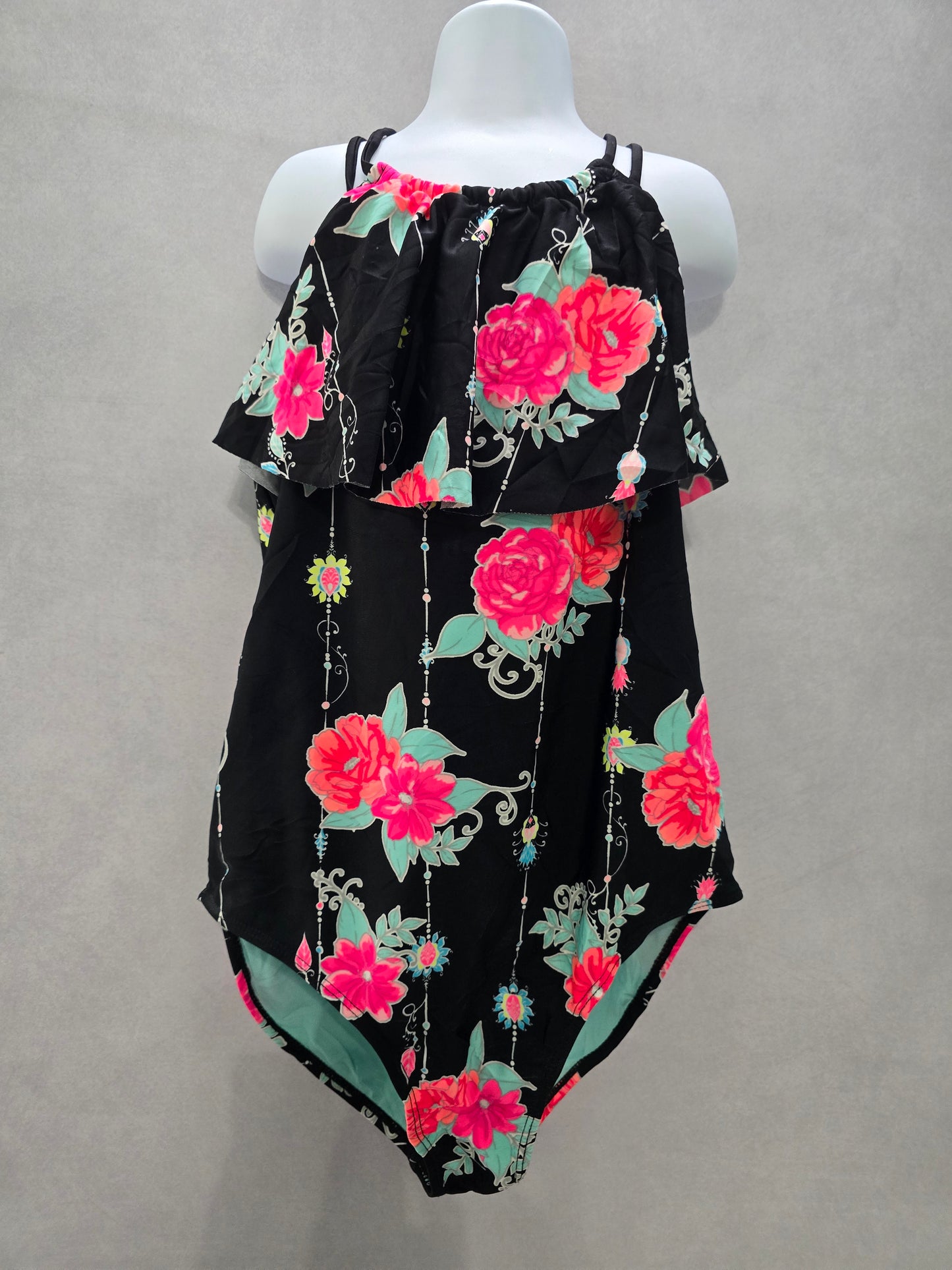 Black Floral Beach Resort Ruffle One Piece Swimsuit Child Toddler Size 10 12