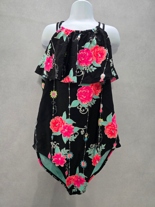 Black Floral Beach Resort Ruffle One Piece Swimsuit Child Toddler Size 10 12
