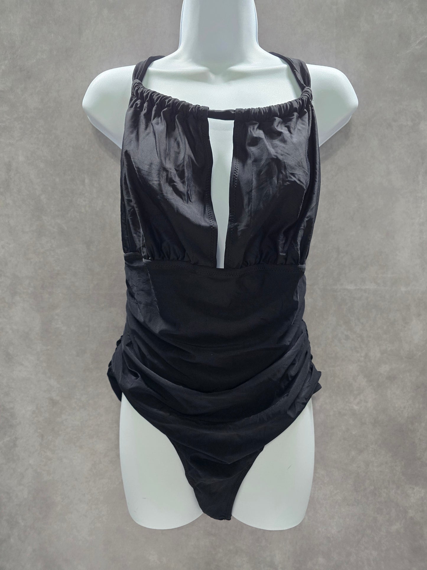 Cupshe Black Whimsy Goth Ruched One Piece Halter Swimsuit Beach Vacation Large