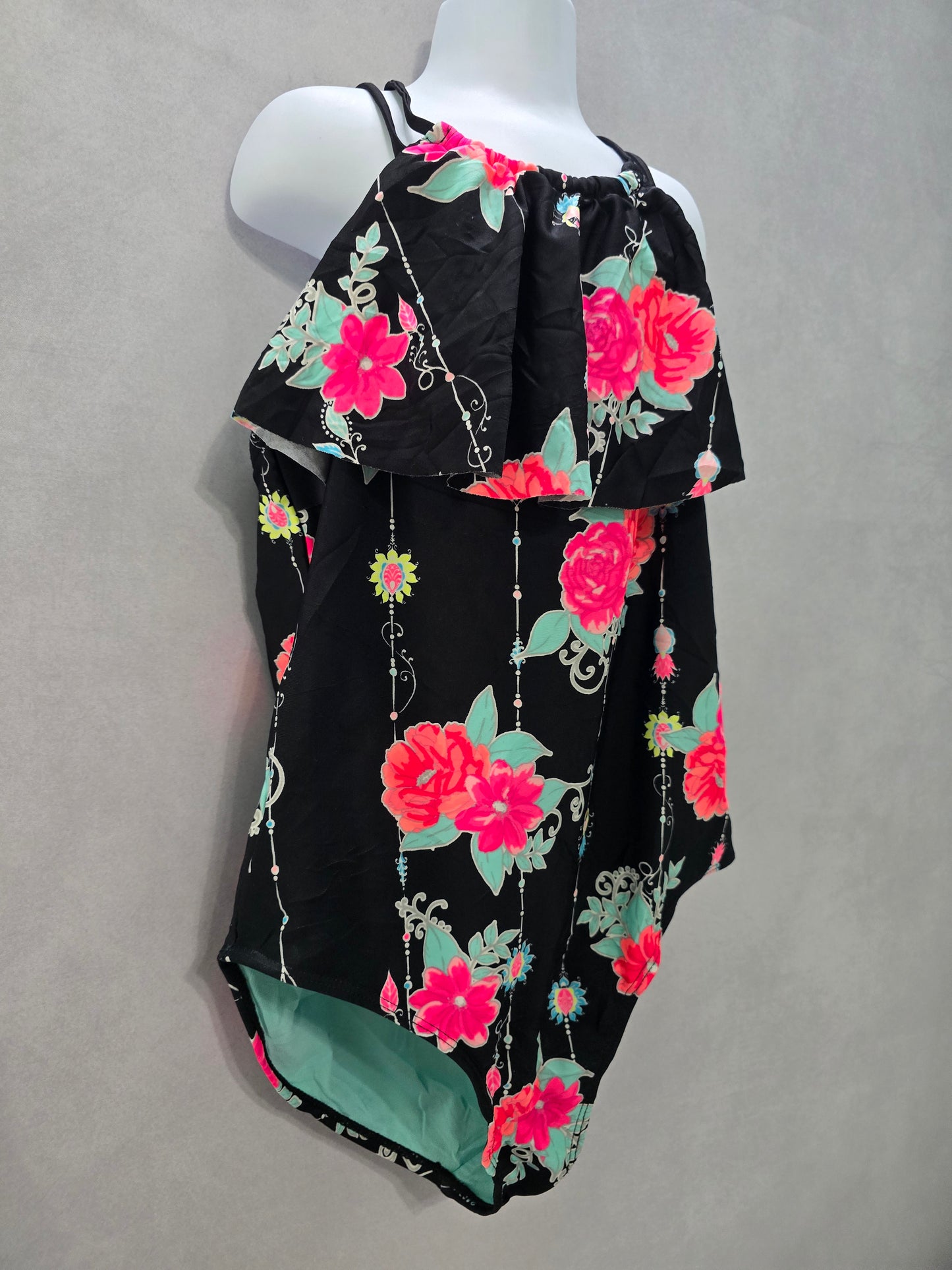 Black Floral Beach Resort Ruffle One Piece Swimsuit Child Toddler Size 10 12