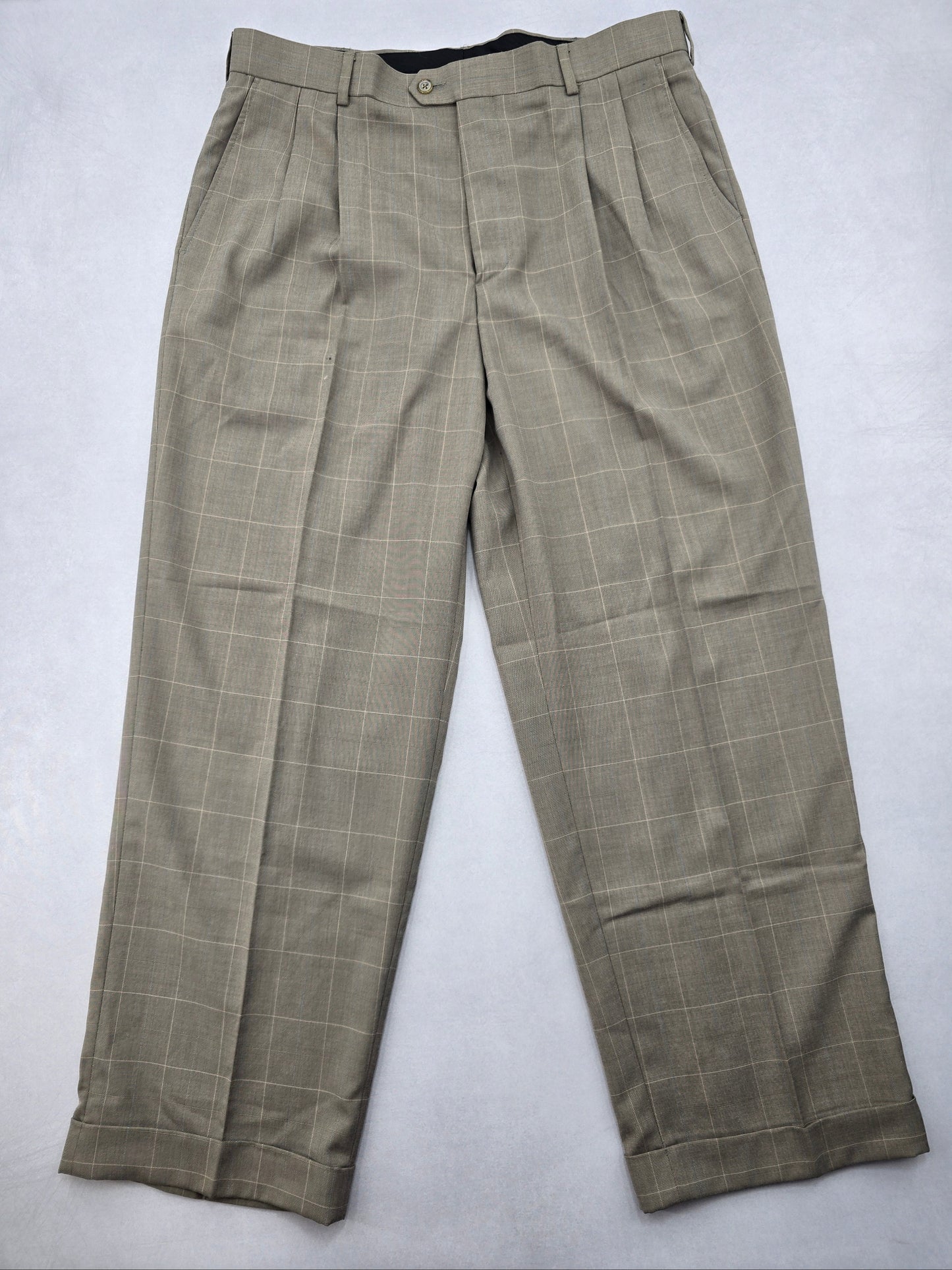 Tan Plaid Straight Leg Pleated George Work Utility Formal Dress Pants Mens 36x30
